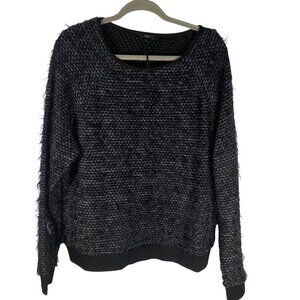 Tibi Womens Black Textured Knit Sweater L designer neutral fun shaggy texture